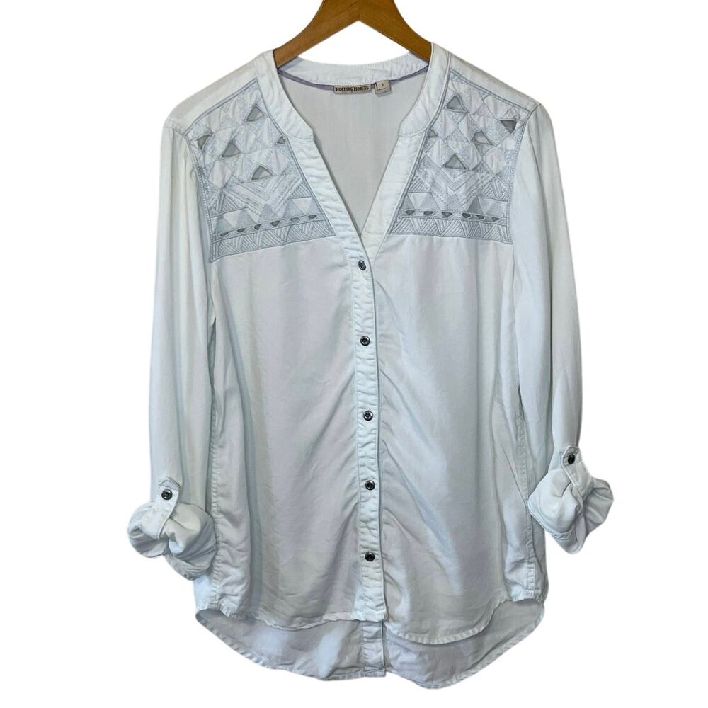 Holding Horses Faded Blue Western Embroidered Roll Tab Sleeve Button Up Top Smal